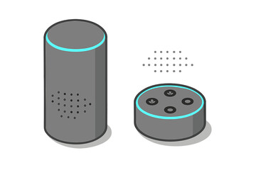 Isometric smart speaker and control puck showing voice activation and home automation technology