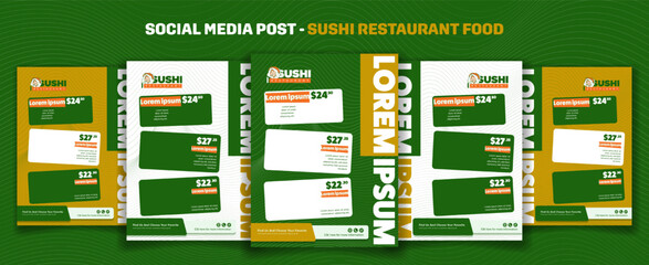 Sushi social media post template with price list in green white background