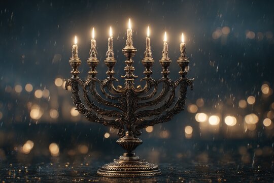 Ornate menorah, candlelight, and bokeh
