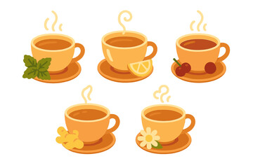 Collection of steaming hot herbal tea cups with natural flavorings lemon mint ginger chamomile