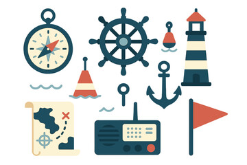 Essential maritime navigation symbols including compass ship wheel anchor and lighthouse