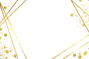 Elegant abstract geometric frame with golden lines and sparkling glitter dots on a deep black background isolated on transparent background