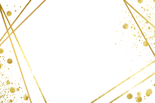 Elegant abstract geometric frame with golden lines and sparkling glitter dots on a deep black background isolated on transparent background