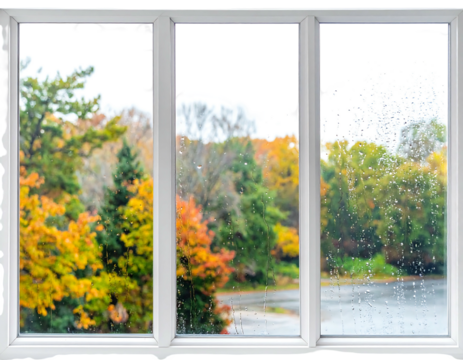 A window frames an autumnal landscape with vibrant foliage, raindrops clinging to the glass, casting blurred reflections