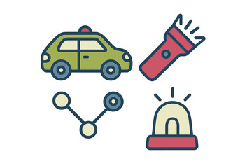 Set of graphic elements representing security, emergency, and forensic analysis tools