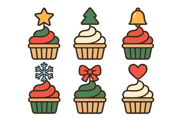 Six festive Christmas cupcakes decorated with holiday symbols and colorful frosting