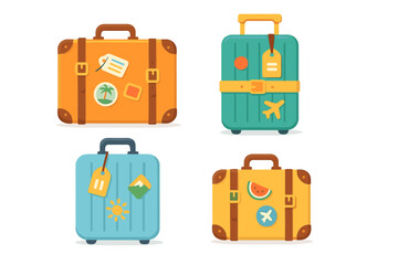 Four colorful travel luggage bags with vacation stickers and identification tags