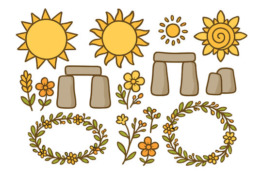 Stylized summer solstice symbols featuring sun ancient stone structures and floral wreaths