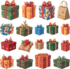Isolated a kinds of deferent Gift boxes, wrapped presents, paper bag, festive decorations with bows, ribbons. Holiday celebration concept. Modern cartoon vector art with white background.