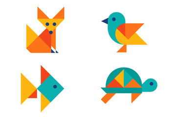 Set of colorful geometric animals including fox, bird, fish, and turtle