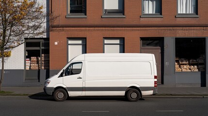 A white refrigerated van parked outside a charming bakery, reflecting soft afternoon light with rich details in the background