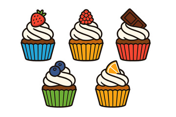 Delicious decorated cupcakes featuring strawberry raspberry blueberry orange and chocolate flavors