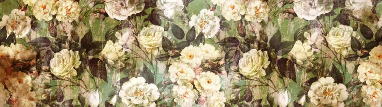 Vintage Cream Rose Pattern Seamless Loop, Grunge Floral Background Motion Graphic