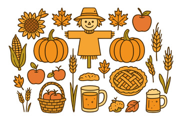 Autumn harvest elements including pumpkins, scarecrow, sunflower, wheat, and seasonal food items