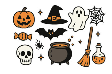 Spooky Halloween symbols set featuring pumpkin, witch hat, ghost, bat, skull, and cauldron icons
