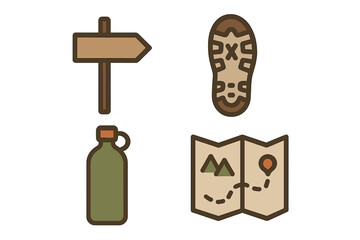 Set of hiking and camping icons featuring signpost, boot print, water bottle, and trail map