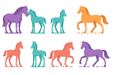 Collection of colorful stylized horses and foals standing and trotting in various poses