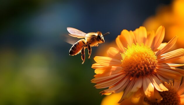 bee flying towards a flower during summer space for text