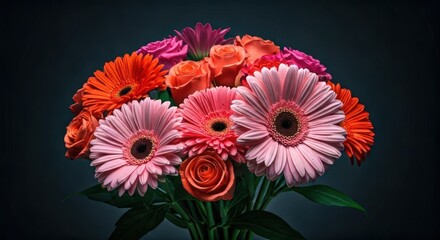 A vibrant bouquet, featuring various colorful flowers, against a dark background