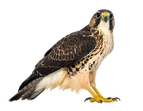 A hawk with dark brown, speckled feathers, yellow beak and feet, staring directly