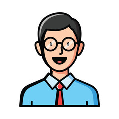 Smiling cartoon businessman icon with black hair and round glasses wearing a blue shirt and red tie.