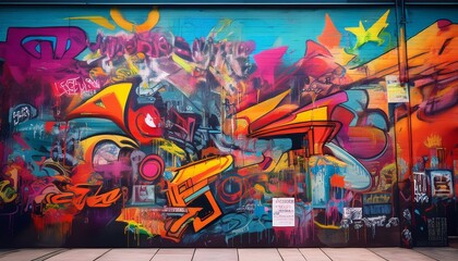 Obraz premium a vibrant wall covered with an eclectic mix of graffiti posters and stickers the artwork features bold colors abstract designs and various artistic styles creating a lively urban atmosphere