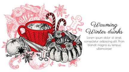 Vector illustration of spiced tea latte with Christmas cupcake and gingerbread in engraving style. Banner with festive New Year's drink