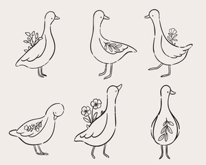 Cute line art geese with floral decorations perfect for nursery design and minimal wall prints.