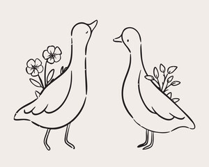 Cute line art goose with floral details. Minimal hand drawn illustration for nursery and decor.