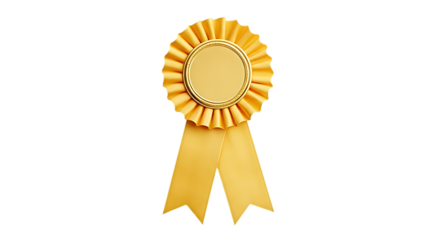 A single golden rosette ribbon award with two dangling tails isolated on transparent background