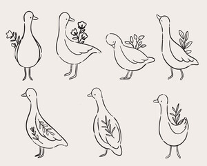 Adorable geese with flowers minimal line art perfect for kids posters and cards