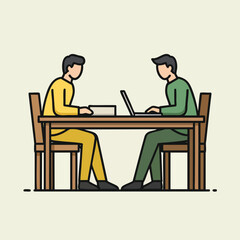 Two male colleagues collaborating at a wooden table with a laptop and a document in a minimalist illustration style.