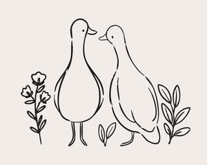 Pair of geese and floral branch line art. Cute minimal illustration for nursery wall decor.