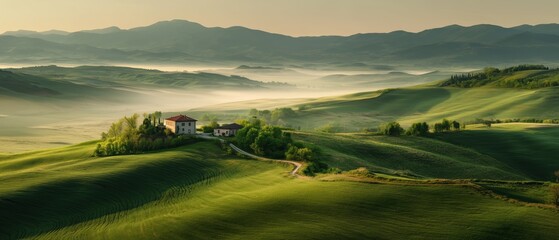Obraz premium Panoramic View of Rolling Green Hills with Morning Mist and Farmhouse
