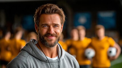 Handsome soccer coach with winning smile leads team to success, inspiring leadership and team spirit in dynamic sports video footage - Powered by Adobe