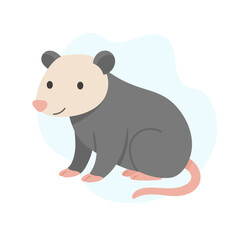Charming Cartoon Illustration of an Opossum with Distinctive Features and Soft Colors. Forest animal and Woodland fauna