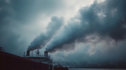 Fototapeta premium Large ship emitting thick smoke from stacks at a port under a cloudy overcast sky