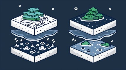 Illustration of Land and Water Layers with Vegetation and Rocks in Cartoon Style