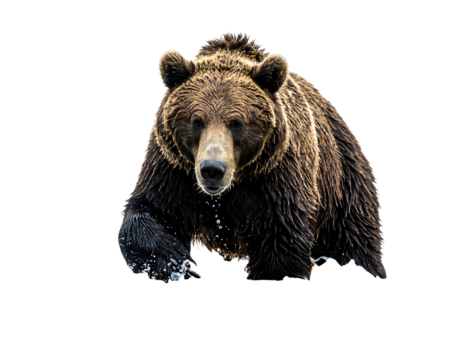 A powerful brown bear strides forward, wet fur clinging to its massive frame against a dark background