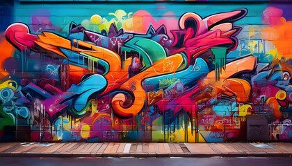 a vibrant urban wall covered in colorful graffiti and street art the artwork features a mix of tags symbols and abstract designs in various colors creating a chaotic yet artistic visual effect