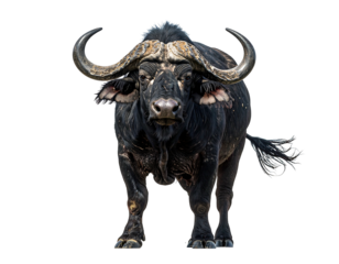 A powerful buffalo stands against a black backdrop, its large curved horns a focal point of its imposing figure