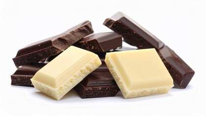 Assortment of chocolate bars, dark and white chocolate pieces on white background
