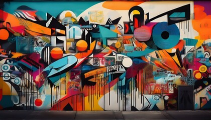 a vibrant collage of posters and graffiti on a wall featuring various artistic styles and colors the wall is covered with a mix of black and white images colorful graphics