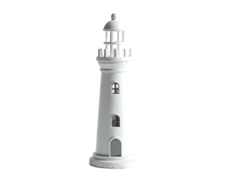 A pristine white lighthouse model stands tall, isolated against a stark black backdrop, radiating clean simplicity - Powered by Adobe