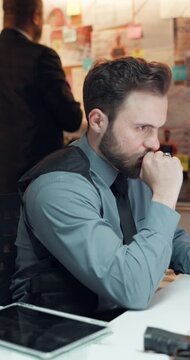 Detective, man or search on computer at night for criminal trace, problem solving or review evidence. Crime investigation, people or tech in office for police records, clues analysis or case deadline