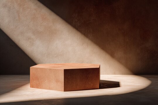 Minimalist geometric product podium in terracotta and beige tones with hard light and deep shadows, modern abstract design for branding and advertising visuals