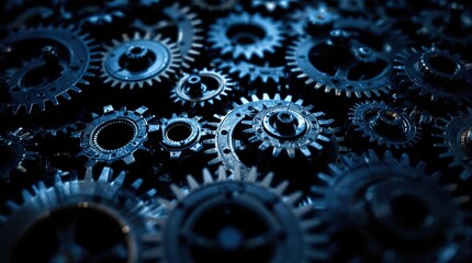 Metal gears and cogs interlock in a complex pattern, highlighted with a blue hue