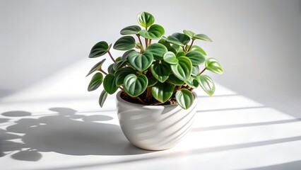 peperomia plant with ceramic pot soft shadow white background