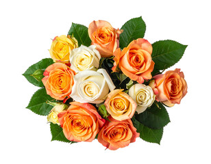 A cluster of yellow, cream, and orange roses nestled amongst lush green leaves on a stark black background