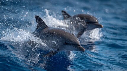 Obraz premium Two sleek playful dolphins leap joyfully from the vibrant blue ocean creating splashes of water